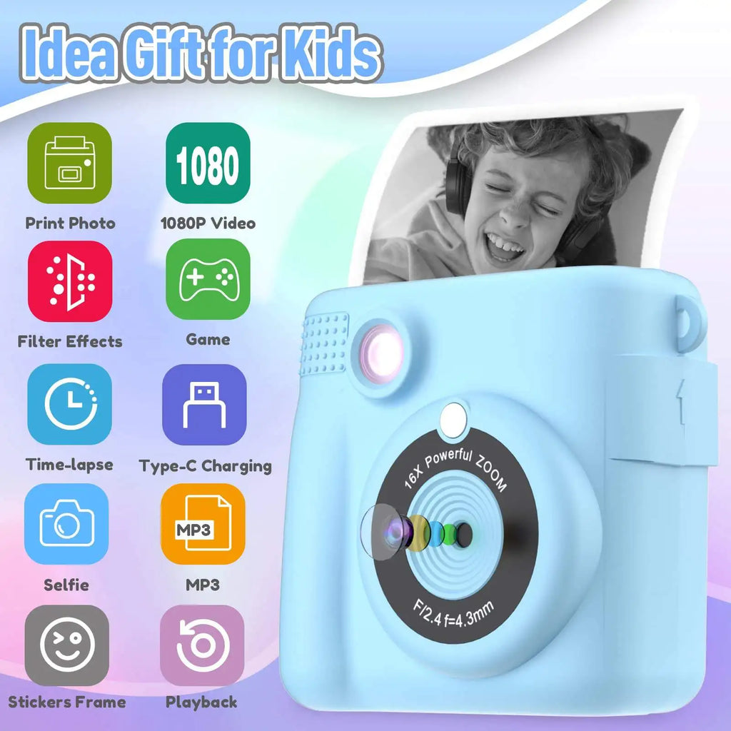 Instant Print Camera for Kids with Video and Digital Zoom