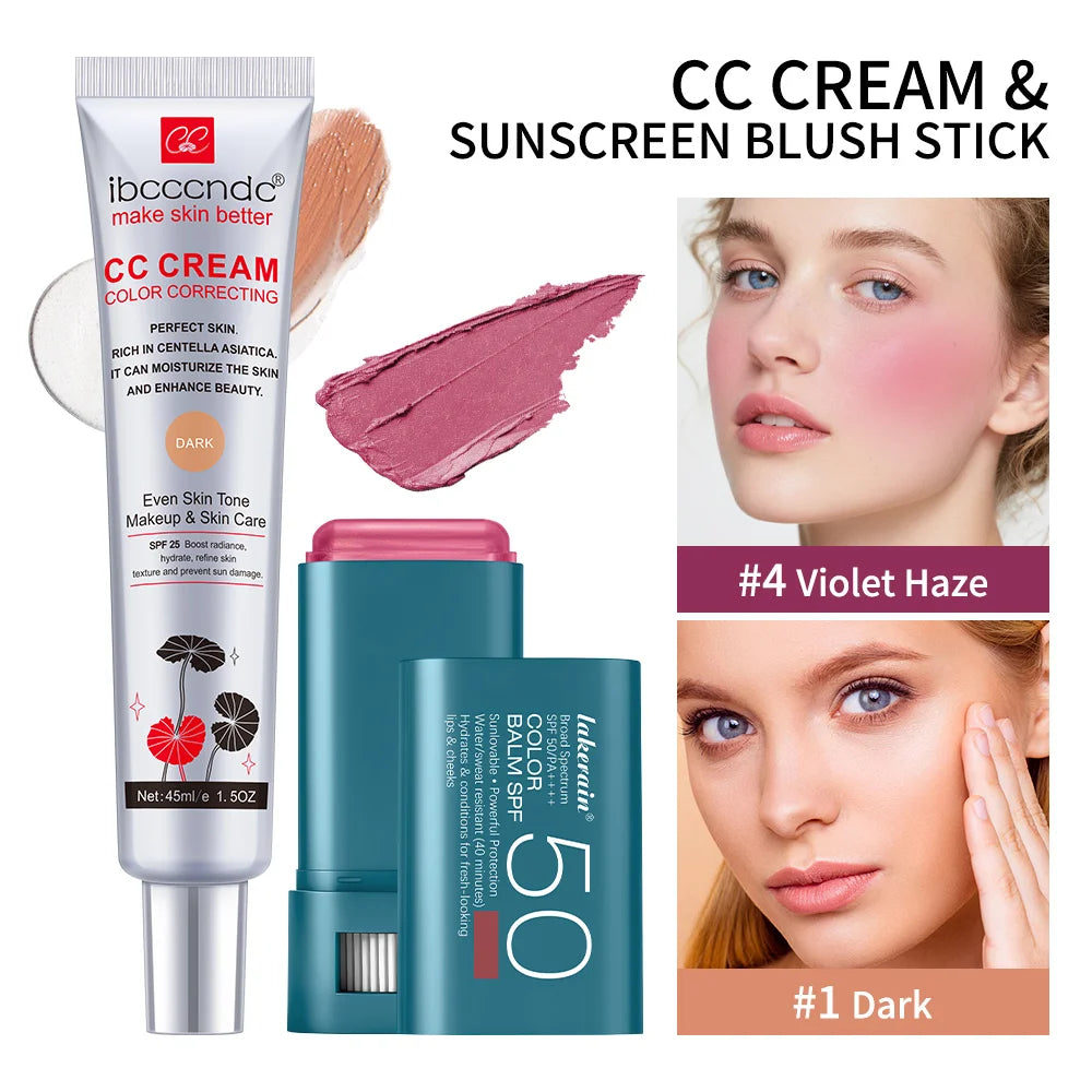 Color Correcting CC Cream and Sunscreen Blush Stick Set - 35