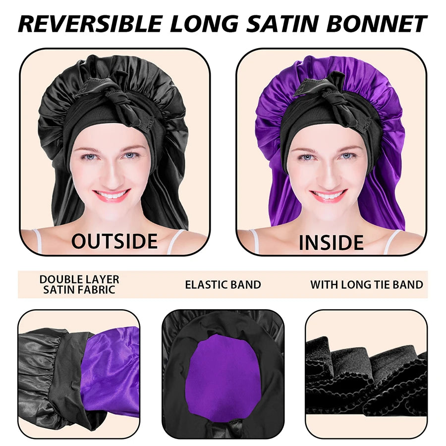 Satin Sleep Bonnet with Adjustable Long Tie for Hair Protection