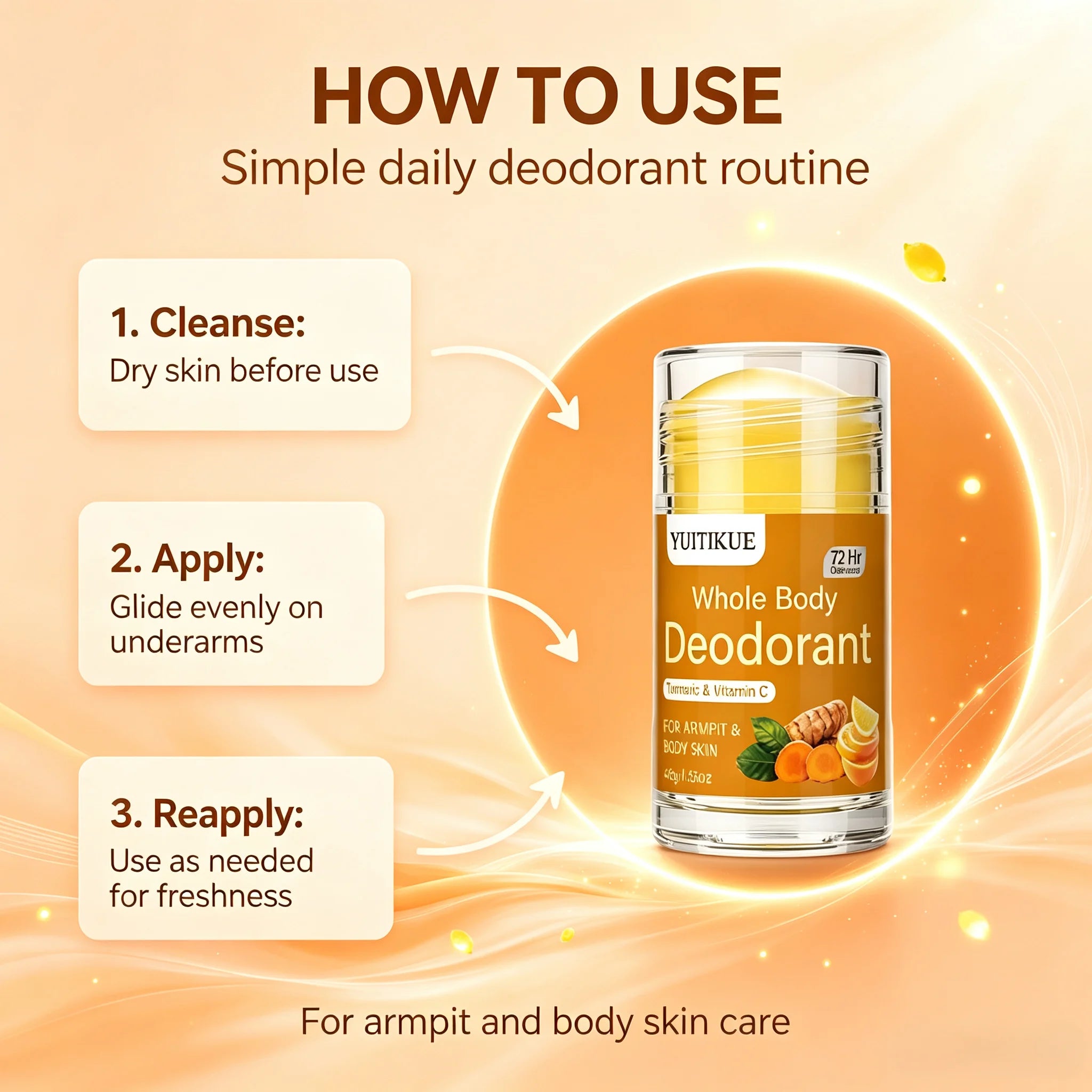 YUITIKUE Turmeric Vitamin C Deodorant Stick Whole Body Odor Control 45g - 3