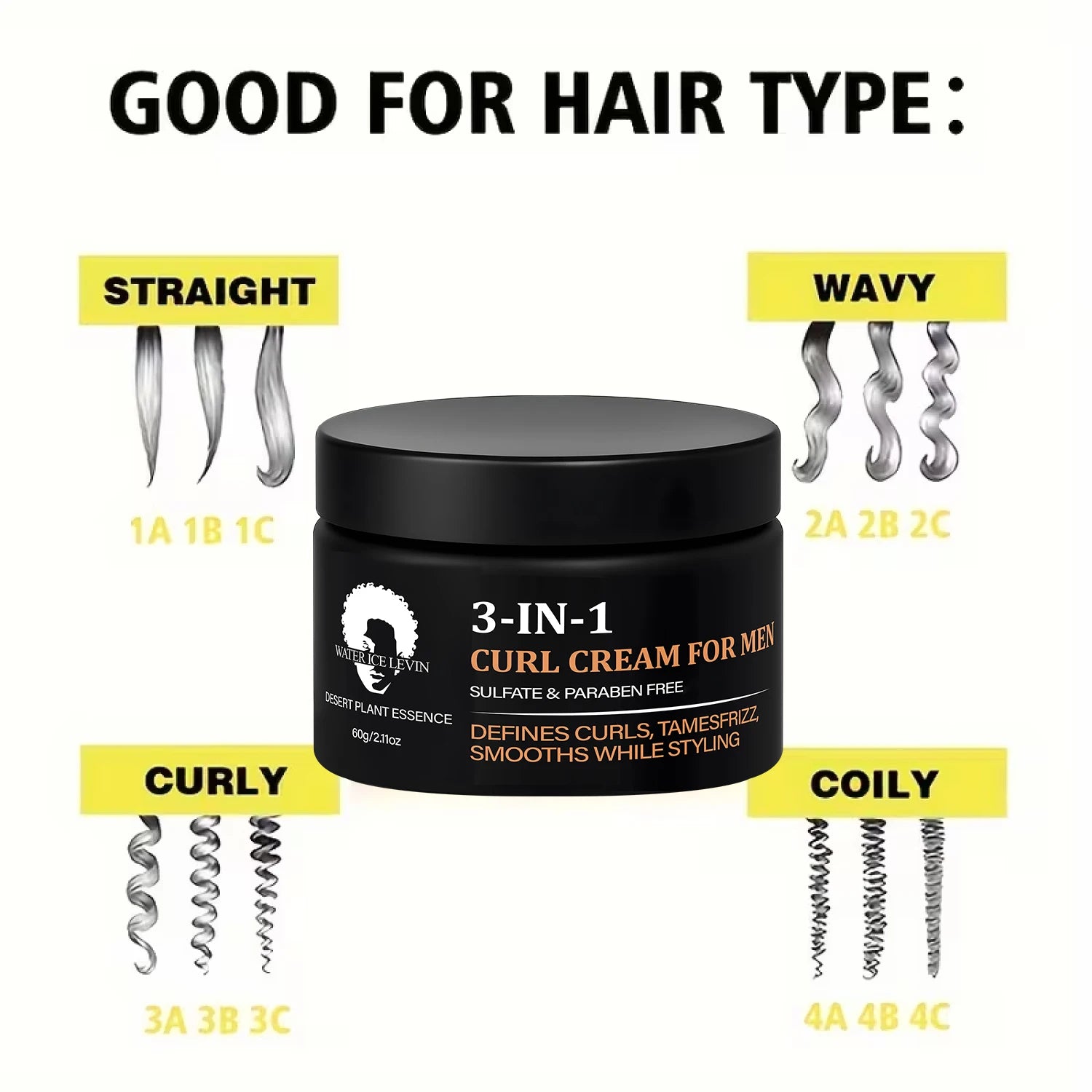 Mens 3-in-1 Curl Cream Hair Styling Pomade Frizz Control 60g - 12