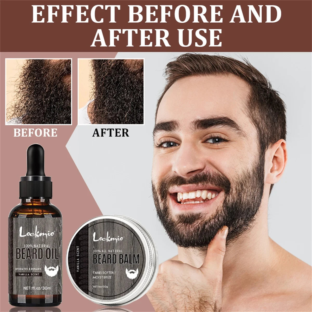 Lockmio Vanilla Beard Care Set Grooming Oil and Styling Balm Kit - 6