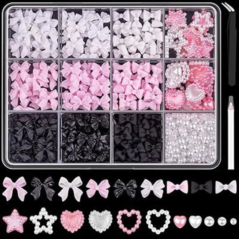 3D Mixed Nail Art Decorations with Bows Flowers and Pearls