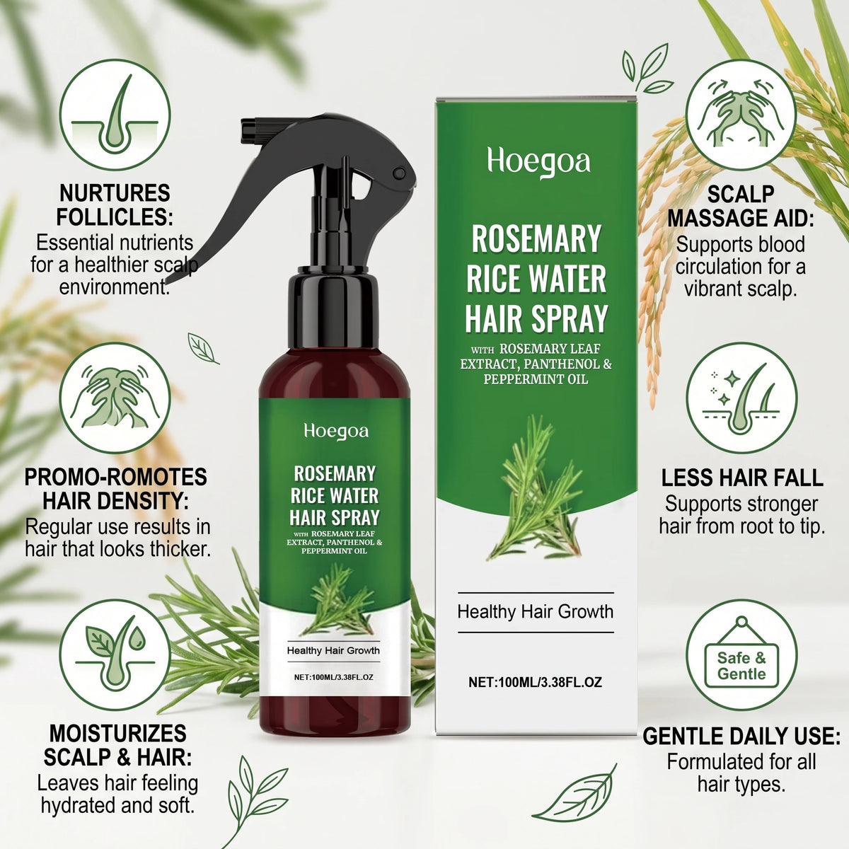 Rosemary Rice Water Hair Growth Spray for Damaged Hair