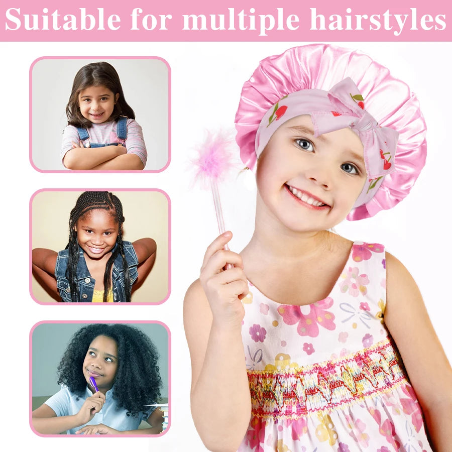 Kids Satin Sleep Bonnet With Bow Tie Adjustable Hair Care Night Cap - 5