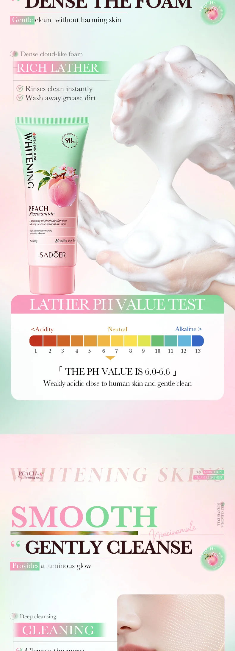 SADOER Peach Niacinamide Facial Cleanser Brightening Face Wash 100g