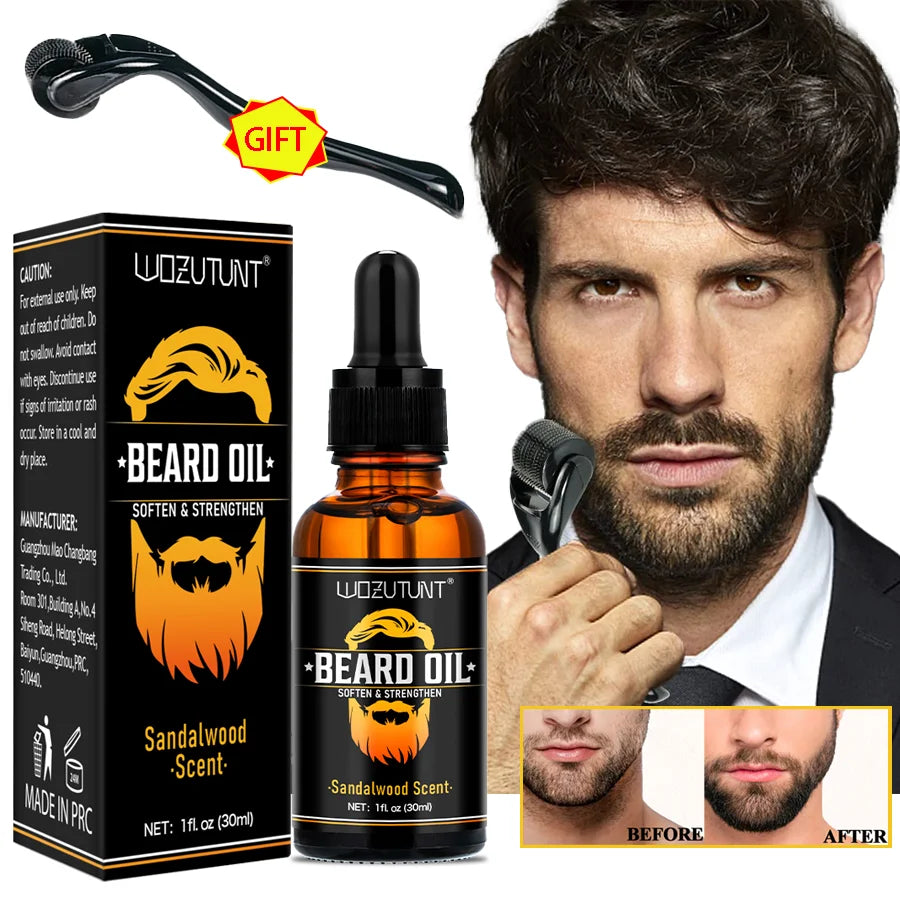 Beard Growth Kit Sandalwood Beard Oil and Facial Hair Roller for Men