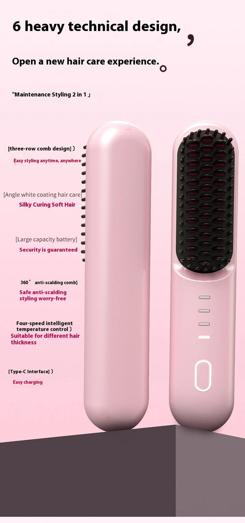 Cordless Ionic Hair Straightening Brush for Fast Styling