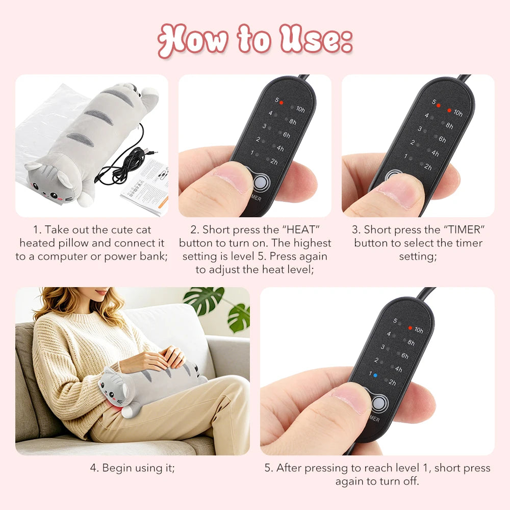 Cute Cat Heated Plush Pillow for Period Cramps and Back Pain