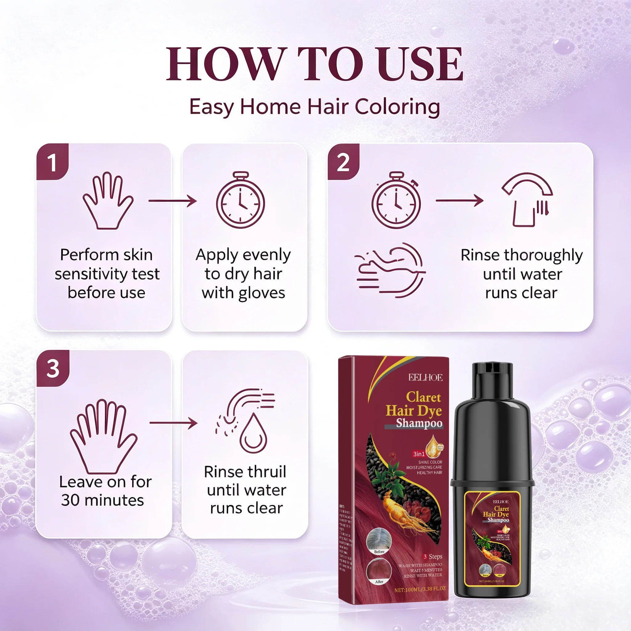 3 In 1 Wine Red Hair Dye Shampoo Natural Herbal Instant Color 100ml - 6