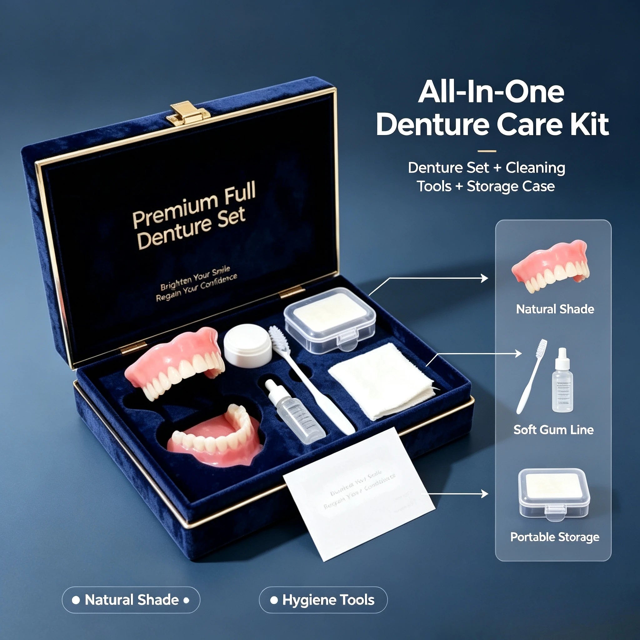 Full Mouth Denture Set with Cleaning Tools and Storage Case - 1
