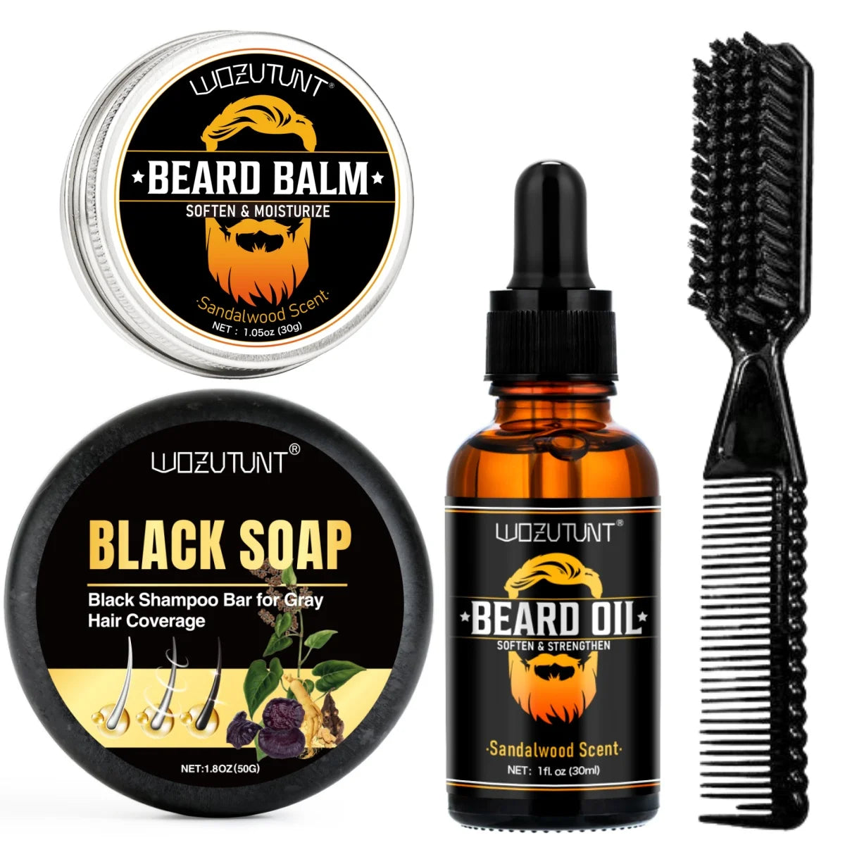 Beard Grooming Kit Sandalwood Beard Oil Balm and Black Shampoo Soap - 1