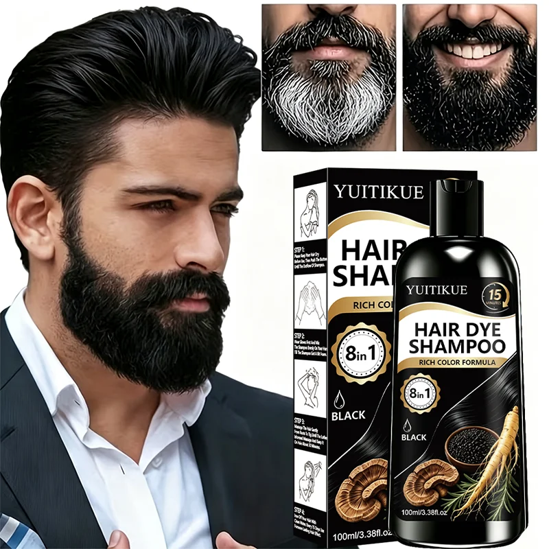 YUITIKUE Men Black Hair Dye Shampoo 15 Minute Beard Color Treatment