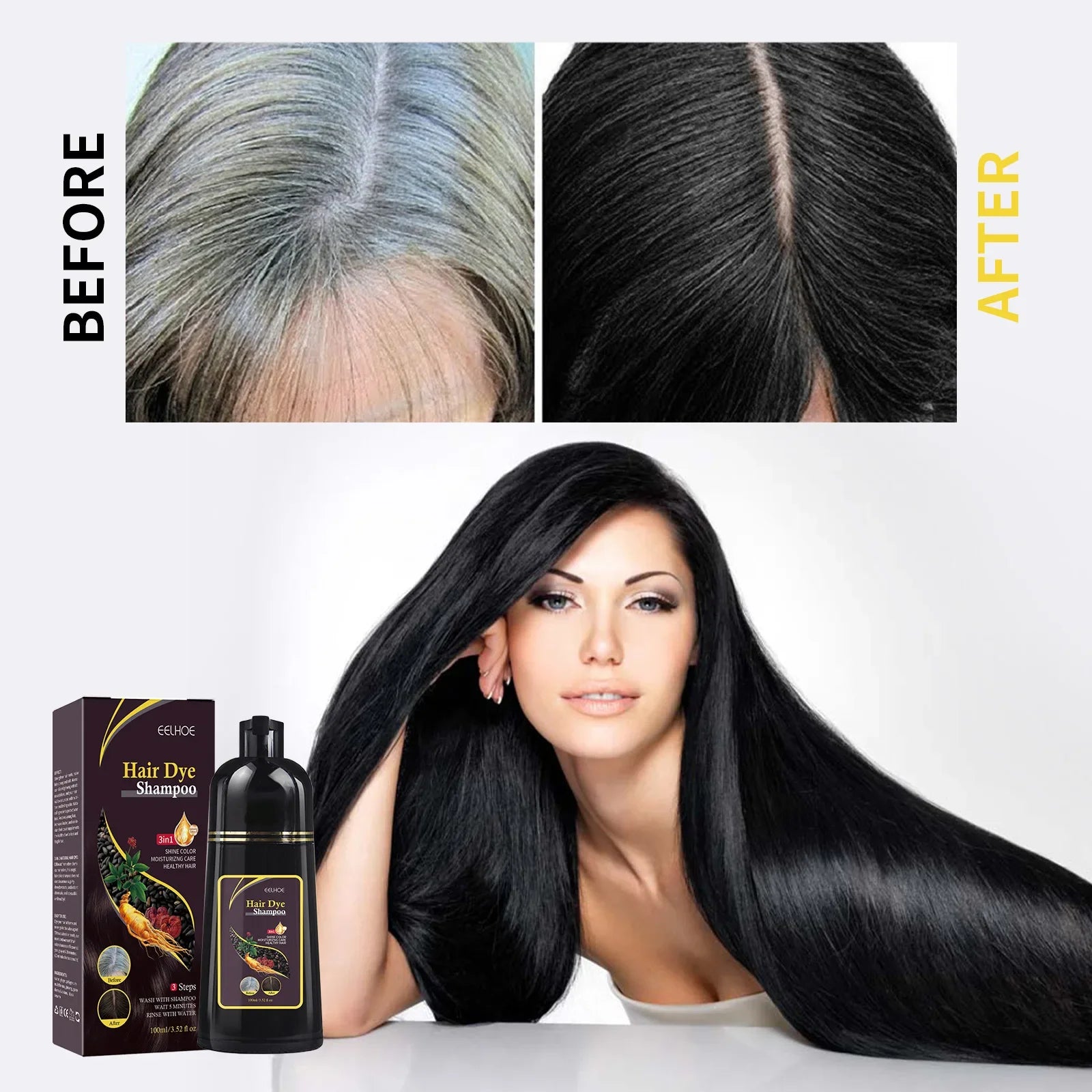 3 in 1 Natural Herbal Hair Dye Shampoo for Grey Hair Coverage 100ml