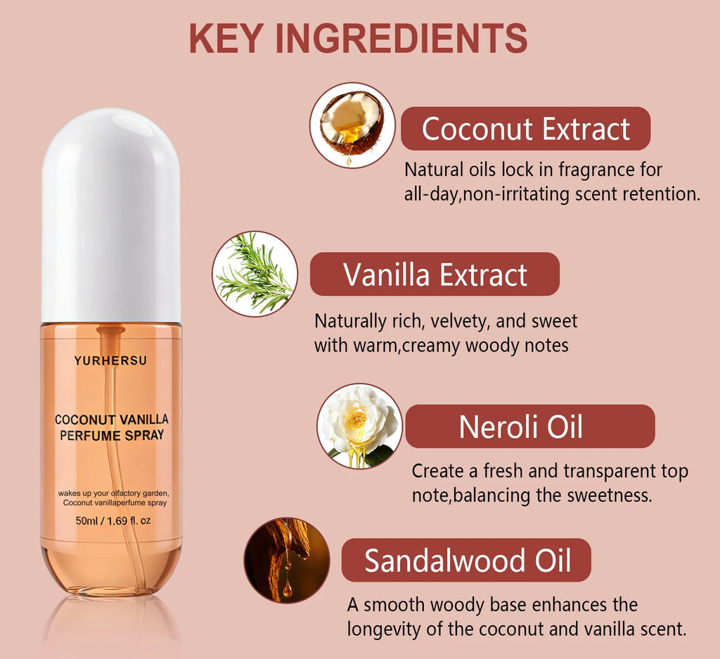 Yurhersu Coconut Vanilla Perfume Spray Long Lasting Fragrance Mist 50ml
