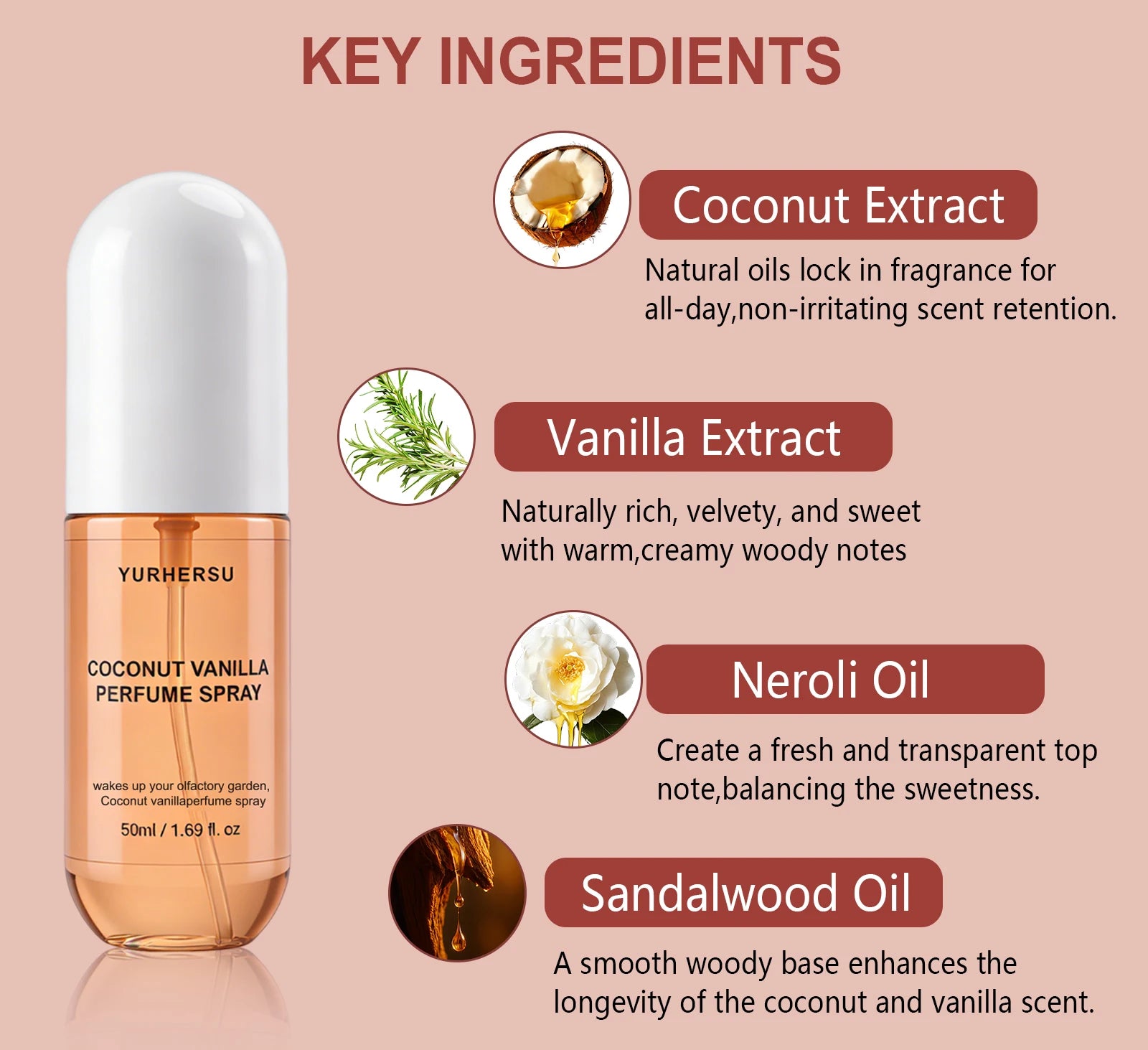 Yurhersu Coconut Vanilla Perfume Spray Long Lasting Fragrance Mist 50ml - 9