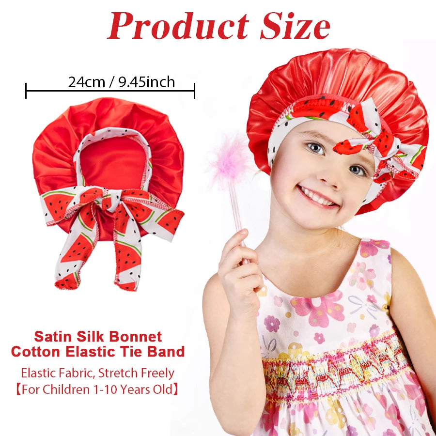Kids Satin Sleep Bonnet With Bow Tie Adjustable Hair Care Night Cap