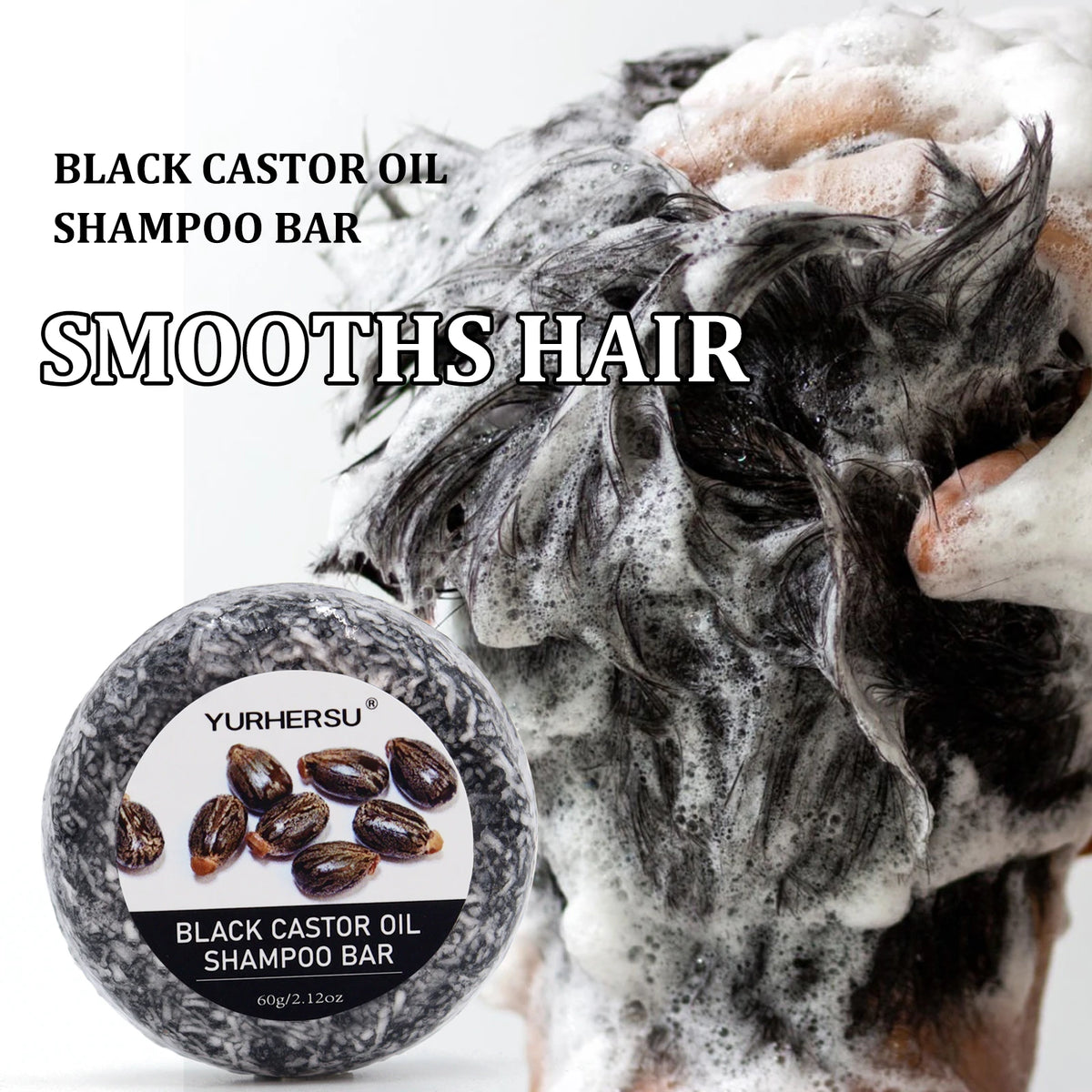 Yurhersu Black Castor Oil Shampoo Bar 2-in-1 Hair Cleanser 60g