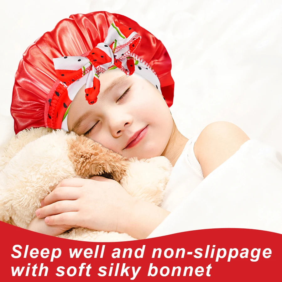 Kids Satin Sleep Bonnet With Bow Tie Adjustable Hair Care Night Cap