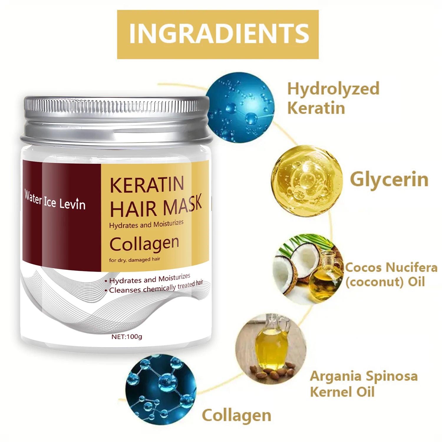 Keratin Hair Mask with Argan Oil Coconut Oil and Collagen 100g