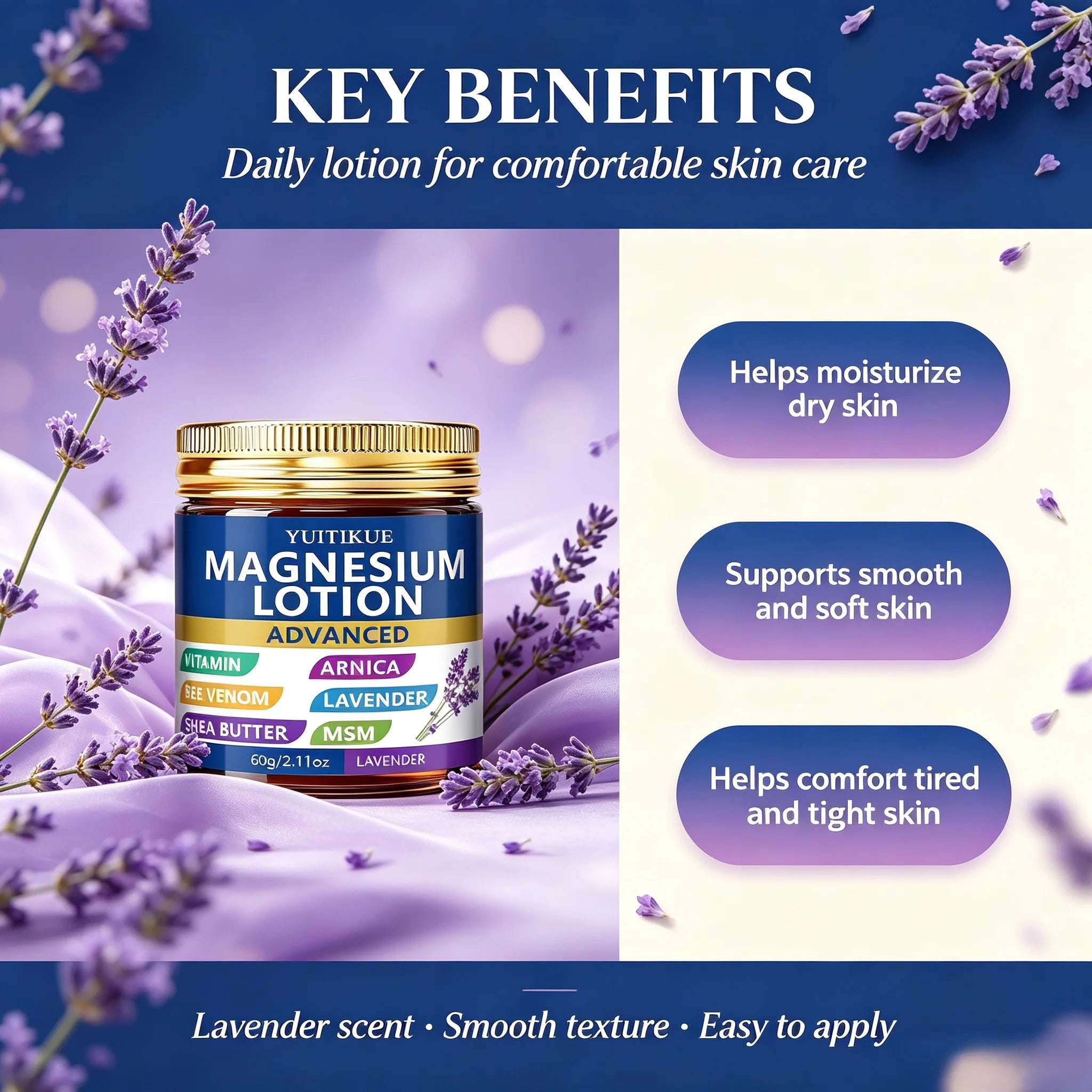 YUITIKUE Lavender Magnesium Body Lotion for Dry Skin Relief 60g - 7