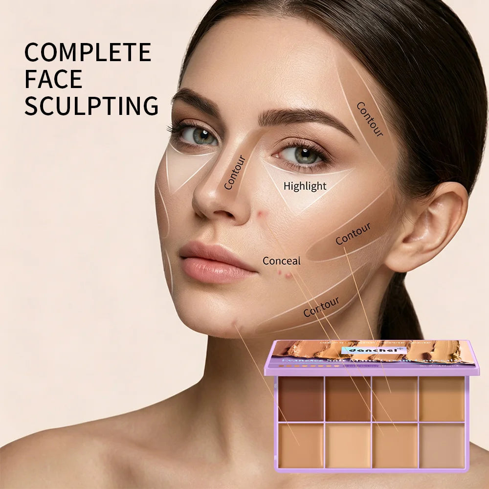 8-Shade Cream Concealer Palette for Face Contouring and Highlighting
