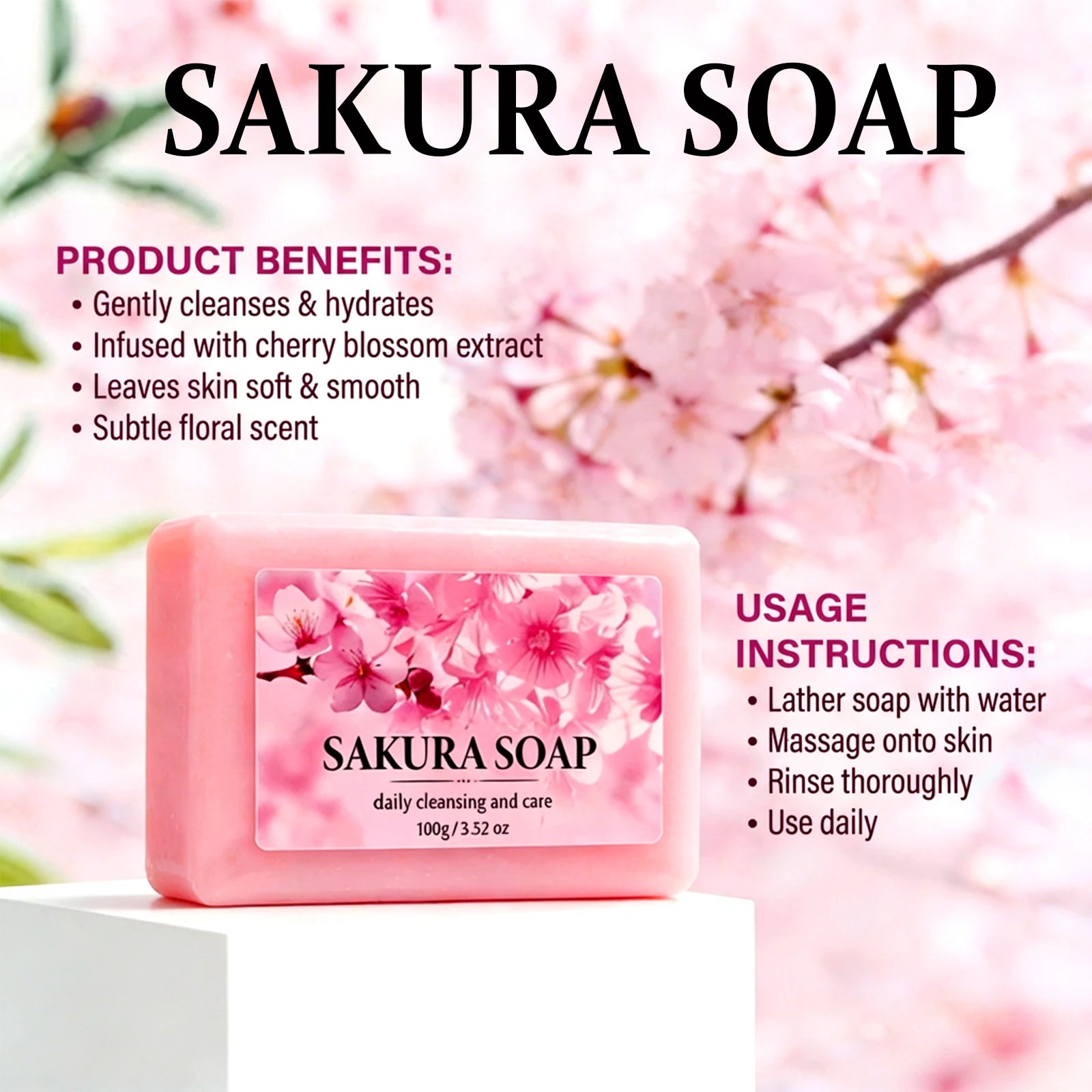 Handmade Sakura Soap Moisturizing Floral Scent Bar for Face and Body - 3