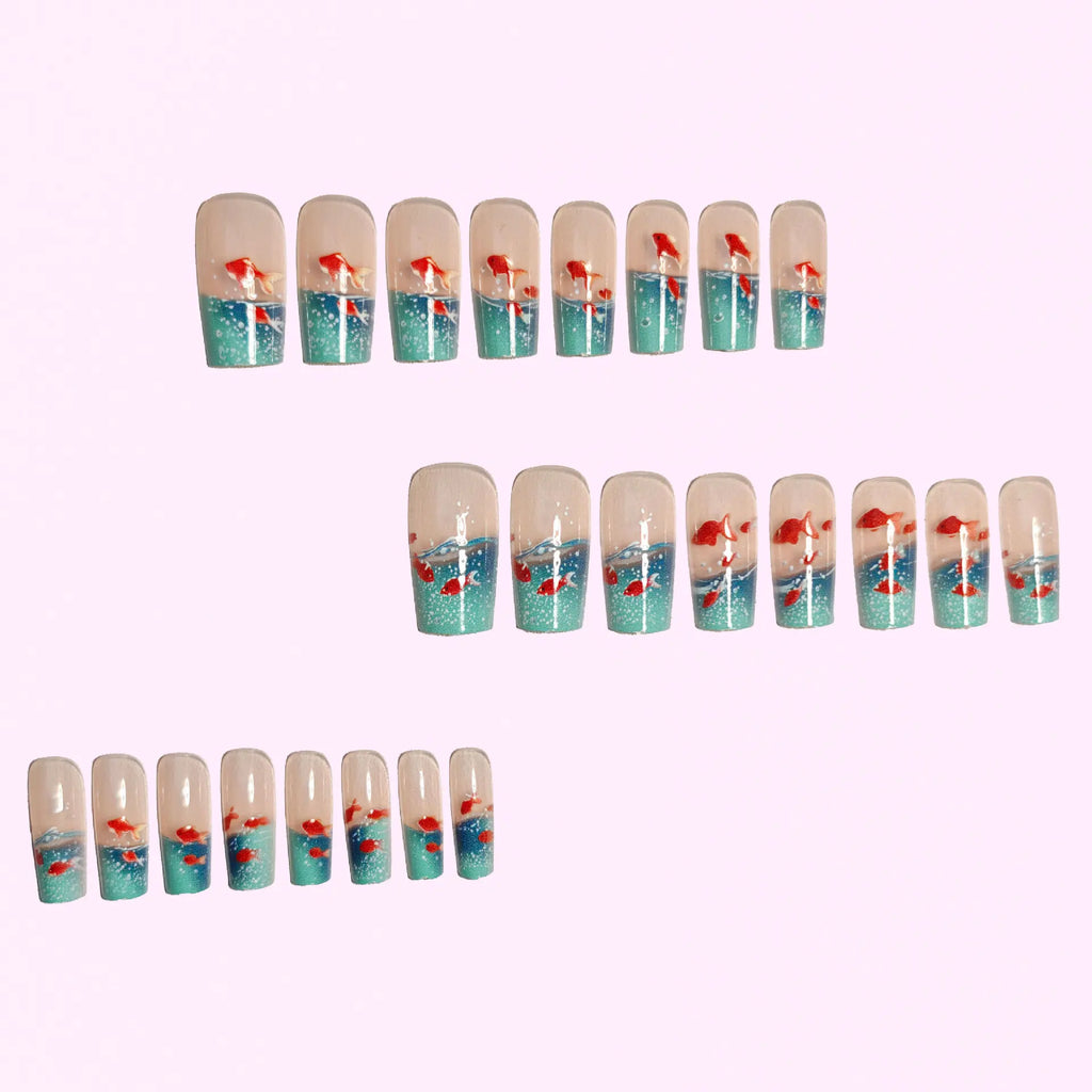 Goldfish Print French Tip Press On Nails Square False Nail Art Set
