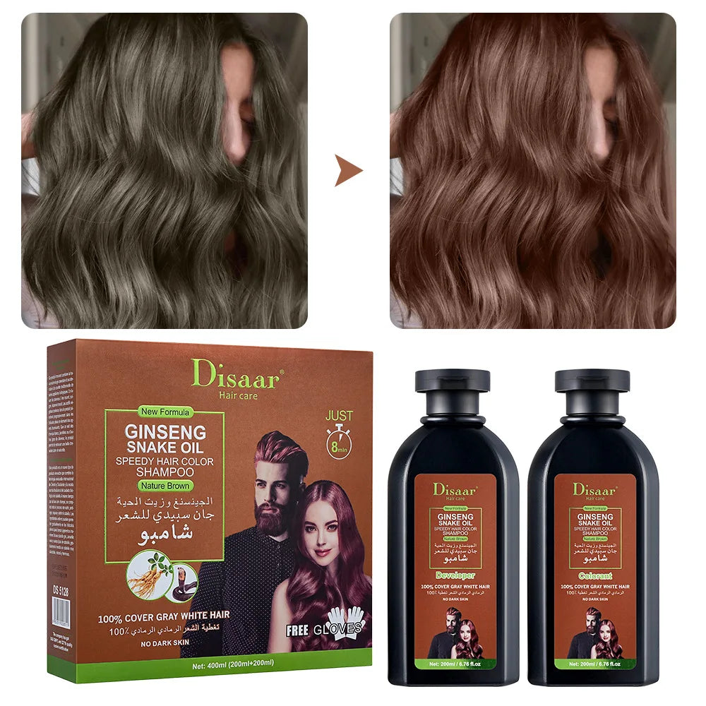400ml Ginseng Snake Oil Dark Brown Hair Dye Shampoo Color Set