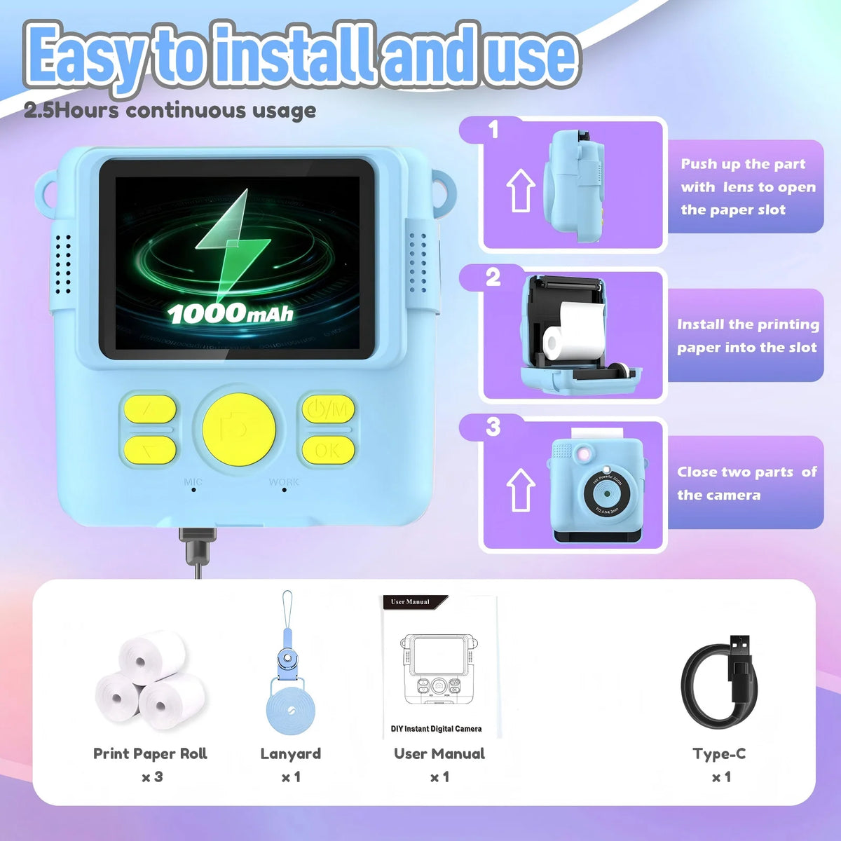 Instant Print Camera for Kids with Video and Digital Zoom