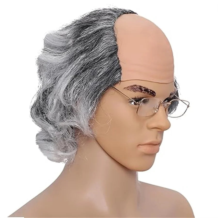 Gray Old Man Bald Cap Wig Synthetic Scientist Costume Accessory