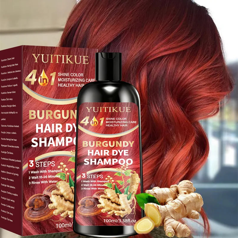 4 in 1 Burgundy Hair Dye Shampoo Natural Ginger Herbal Formula 100ml