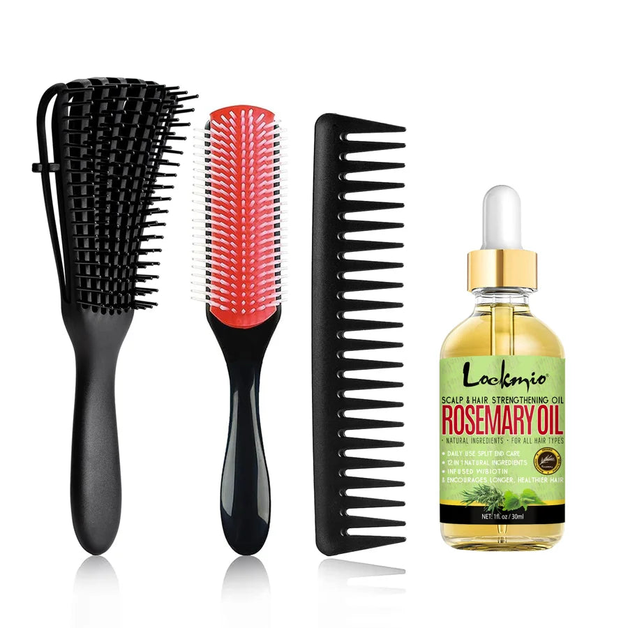Lockmio Rosemary Hair Growth Oil and Curly Hair Detangling Brush Set - 1