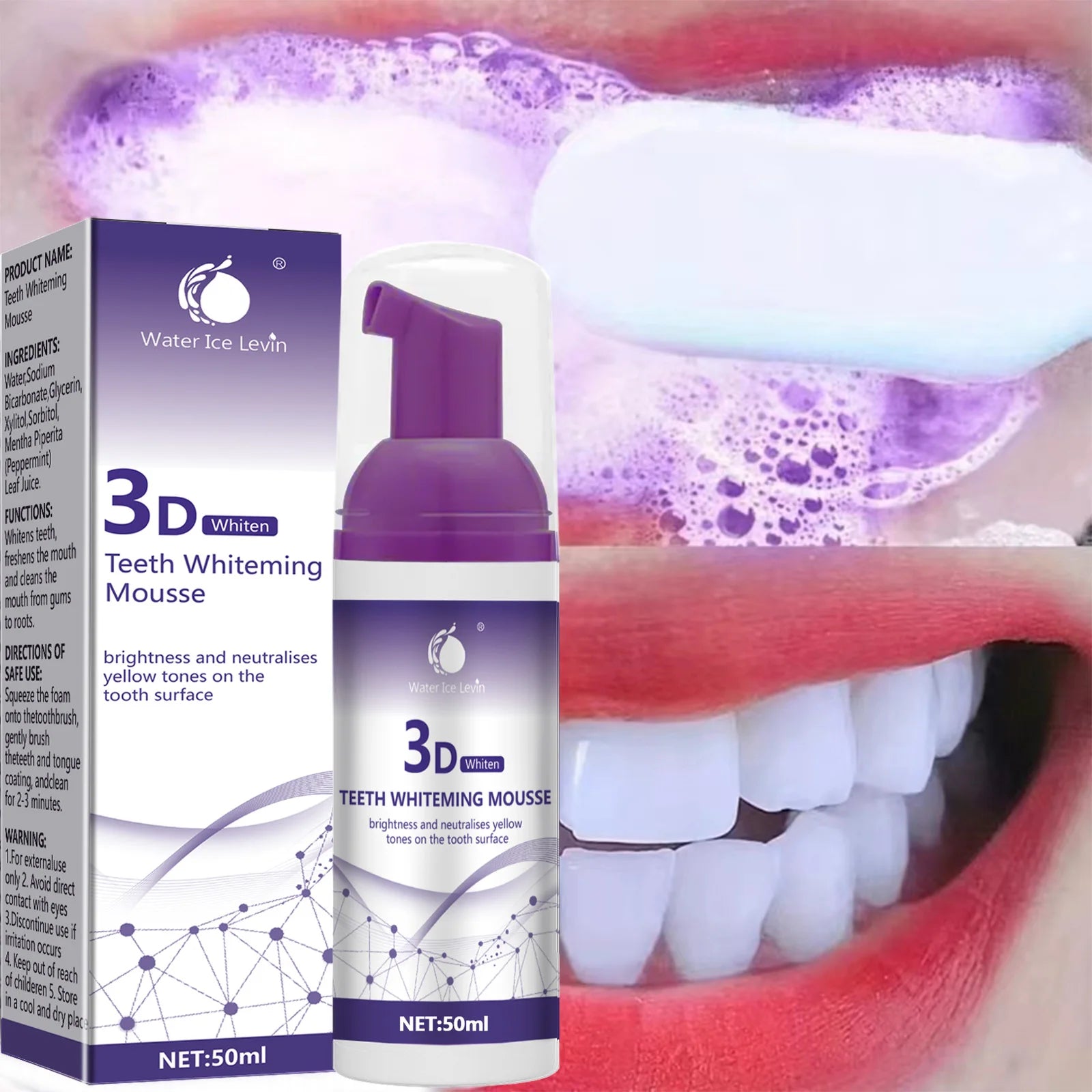 Purple Teeth Whitening Mousse Deep Cleaning Foam Toothpaste 50ml - 2