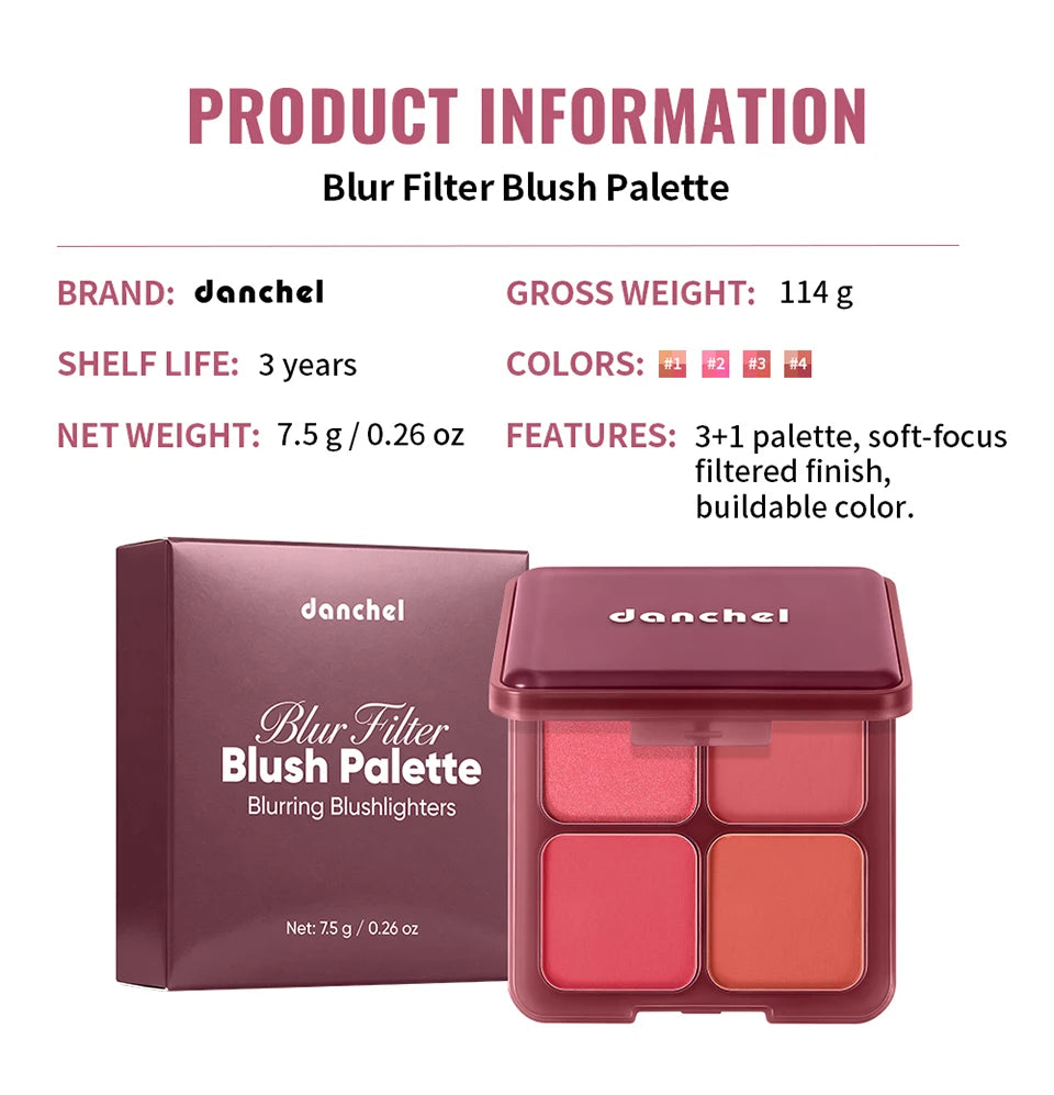 4-Color Matte Pigmented Blush Palette with Brush