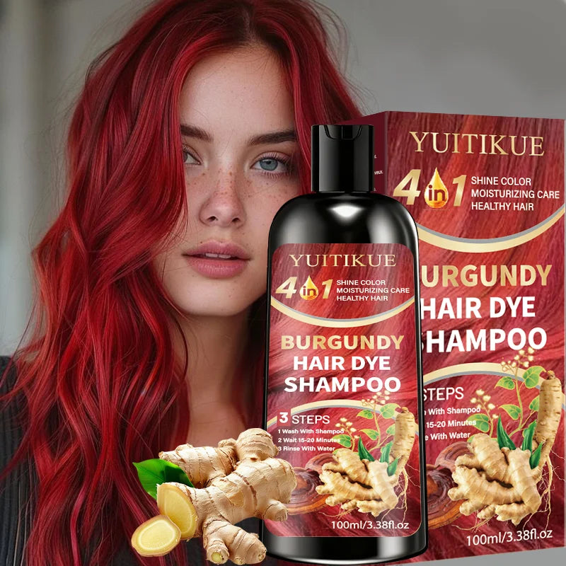 4 in 1 Burgundy Hair Dye Shampoo Natural Ginger Herbal Formula 100ml