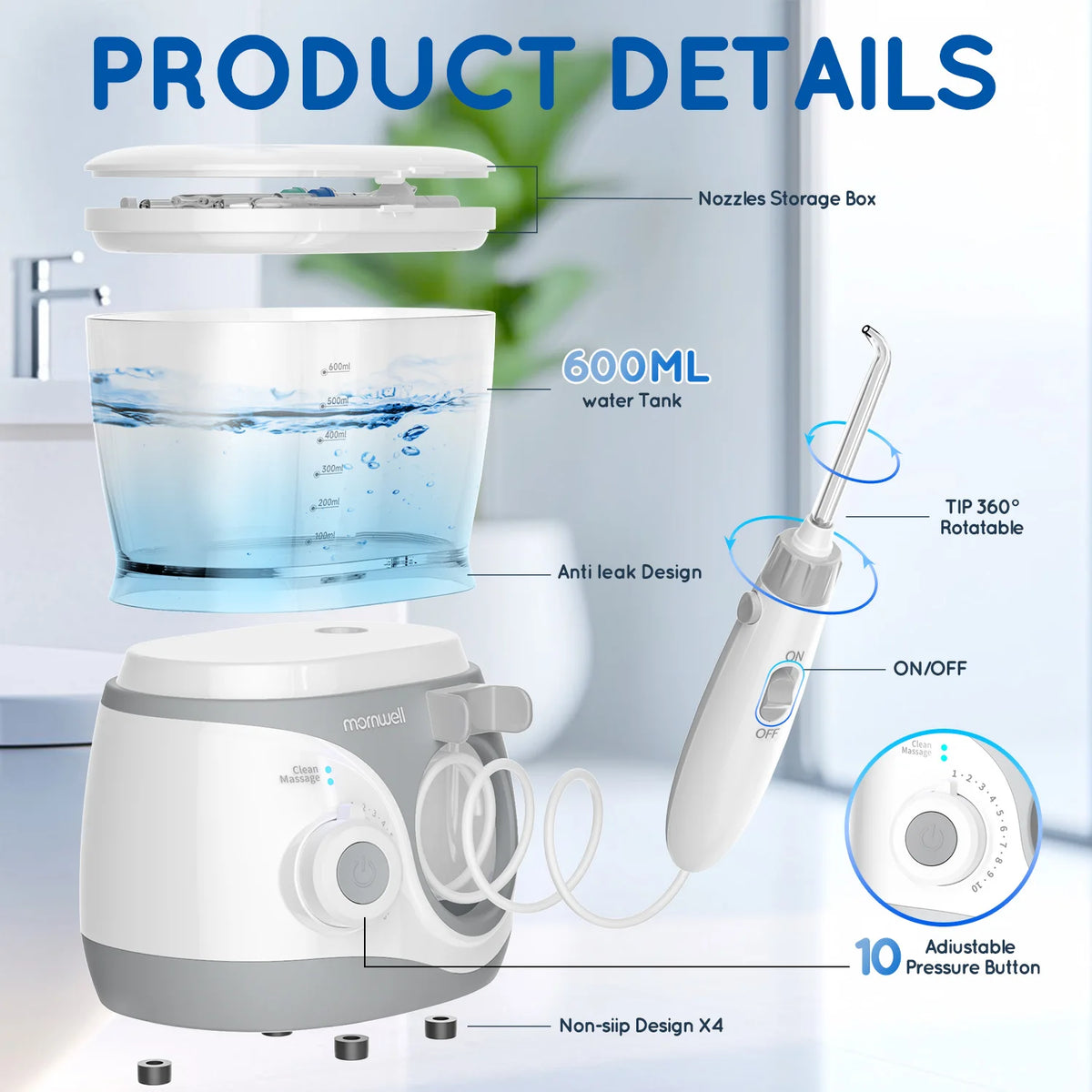 Electric Water Flosser for Teeth with 8 Nozzles and 10 Pressure Settings