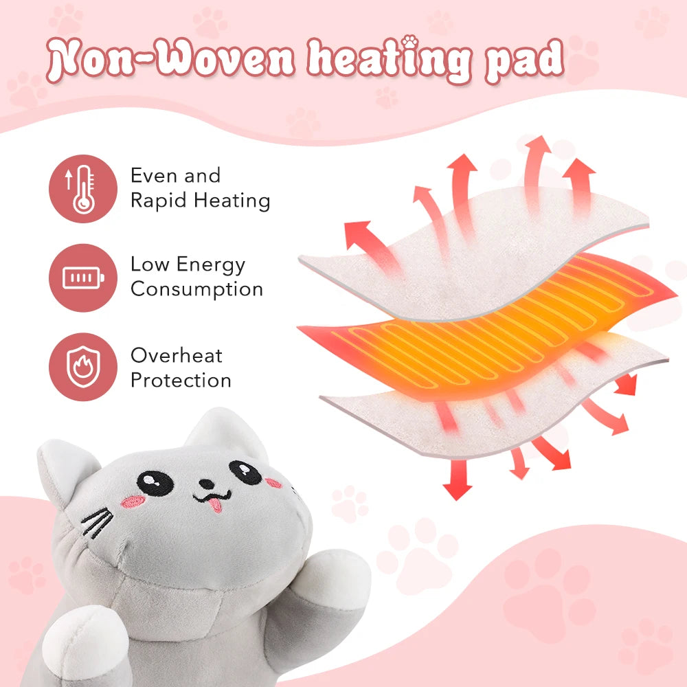 Cute Cat Heated Plush Pillow for Period Cramps and Back Pain