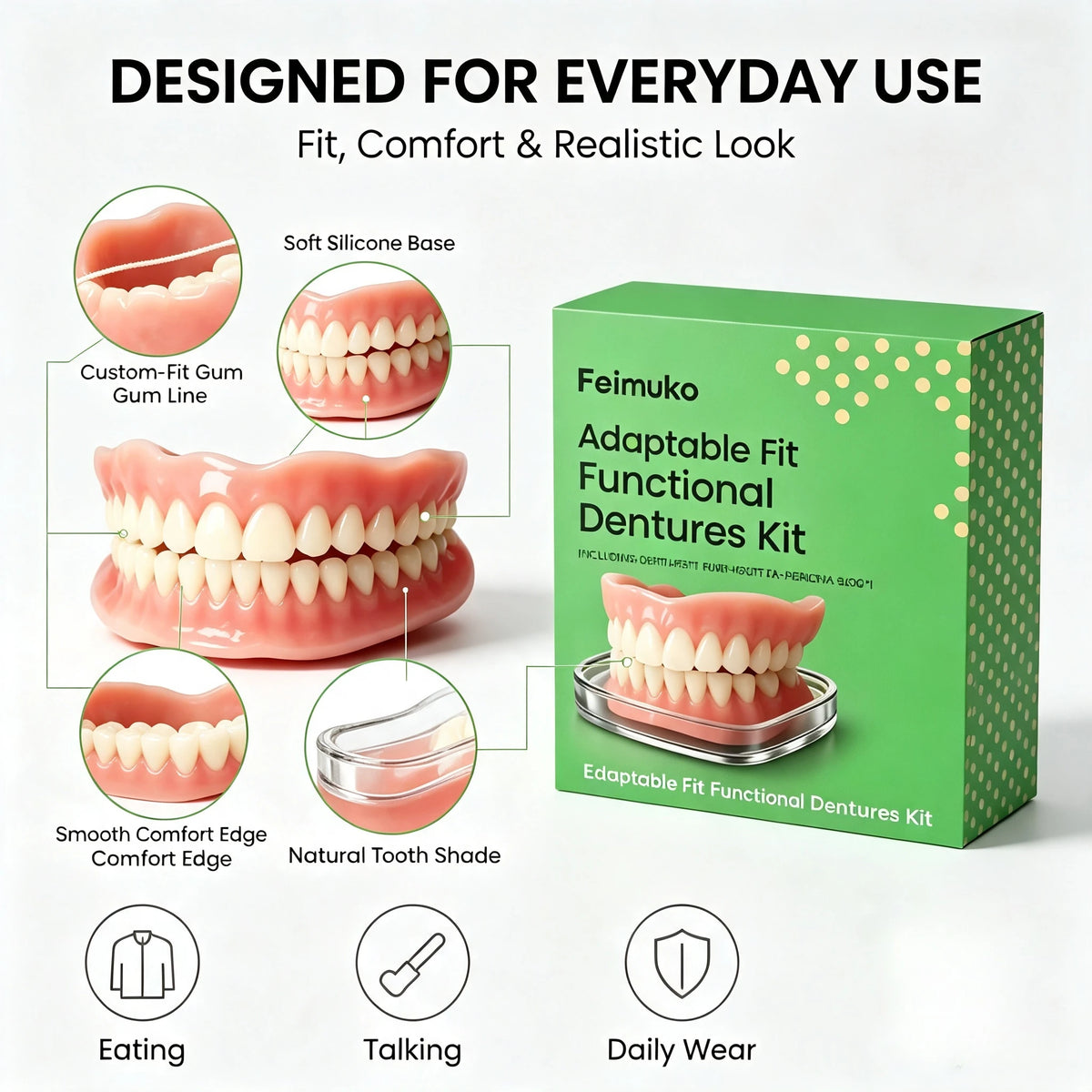 Snap-On Silicone Cosmetic Dentures for Instant Realistic Smile