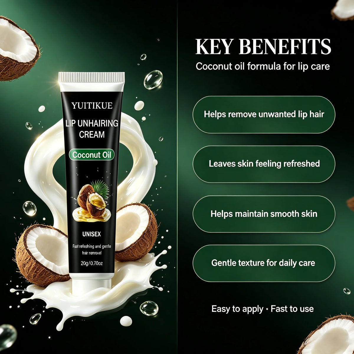 YUITIKUE Coconut Oil Lip Hair Removal Cream Gentle Facial Hair Remover