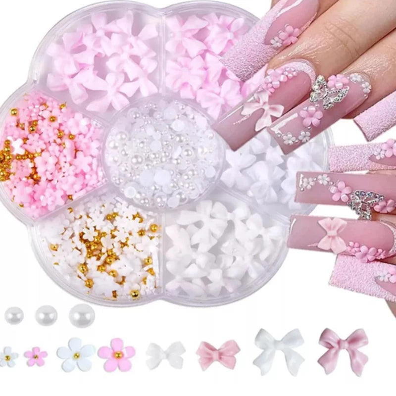 3D Mixed Nail Art Decorations with Bows Flowers and Pearls - 22