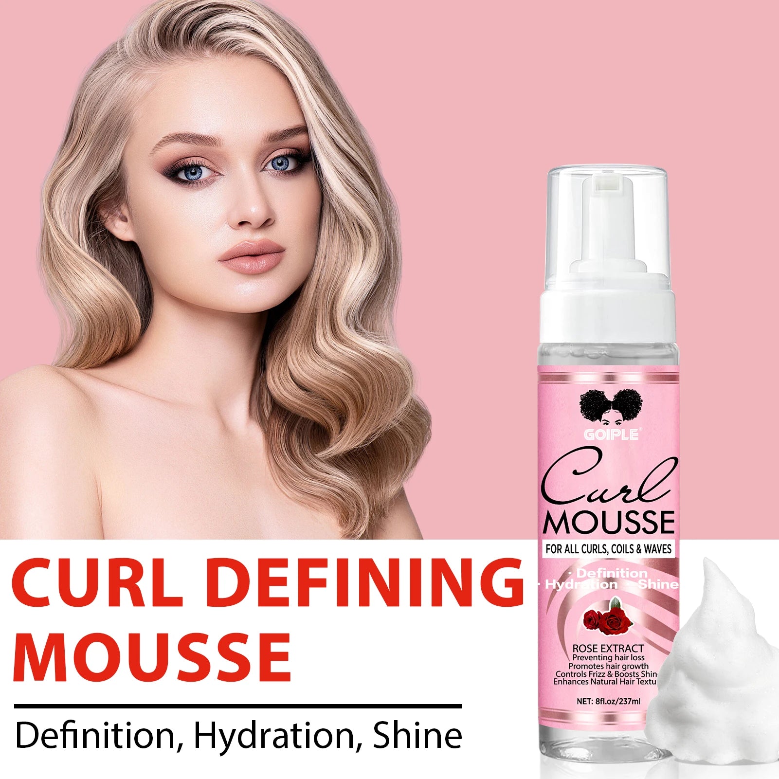 237ml Rose Extract Curl Mousse for Hair Styling and Frizz Control