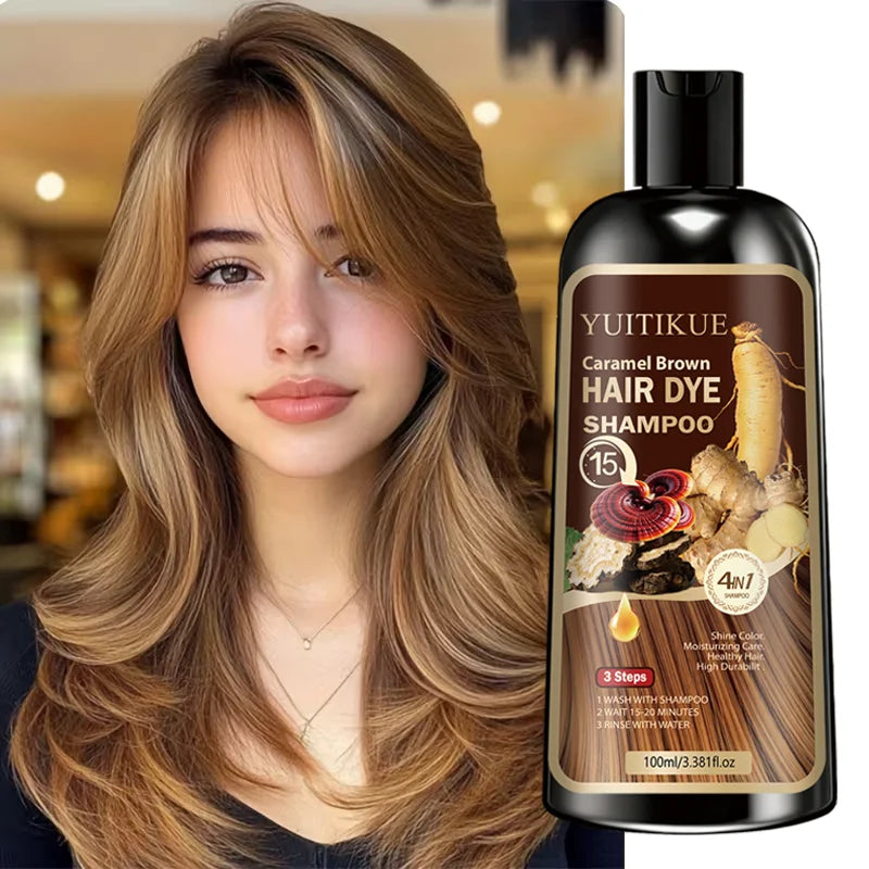 Caramel Brown Hair Dye Shampoo 100ml Plant Extract Grey Coverage