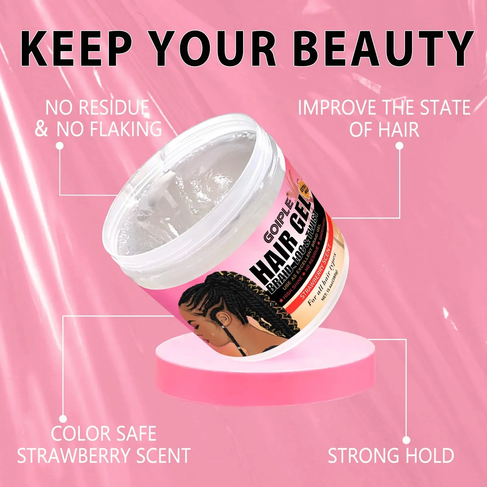 380g Strawberry Scent Hair Styling Gel for Braid Loc and Twist