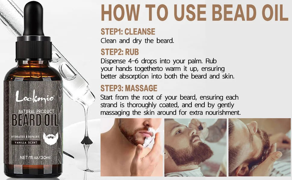 LOCKMIO 2pcs Natural Beard Oil Vanilla Scent Growth and Softening Serum