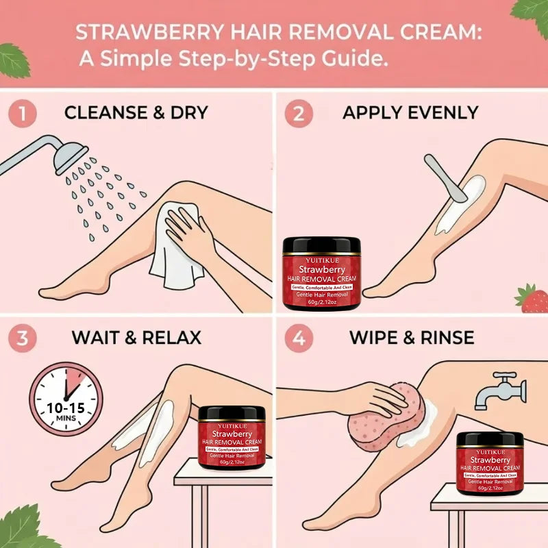 YUITIKUE Strawberry Depilatory Cream Gentle Body Hair Remover 60g - 10