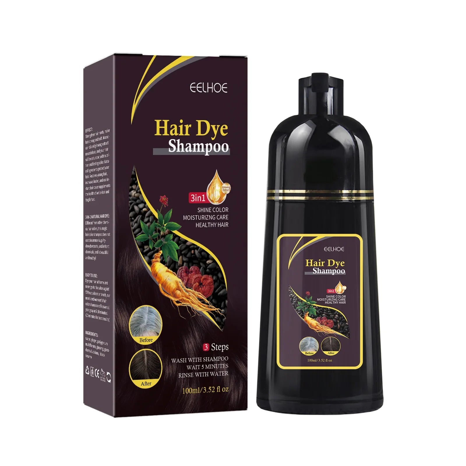 3 in 1 Natural Herbal Hair Dye Shampoo for Grey Hair Coverage 100ml
