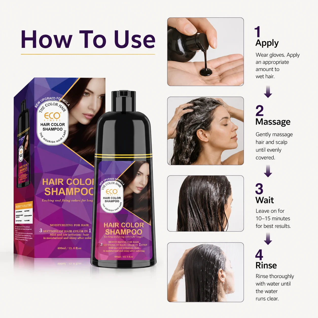400ml 3 in 1 Hair Color Dye Shampoo for Gray Coverage
