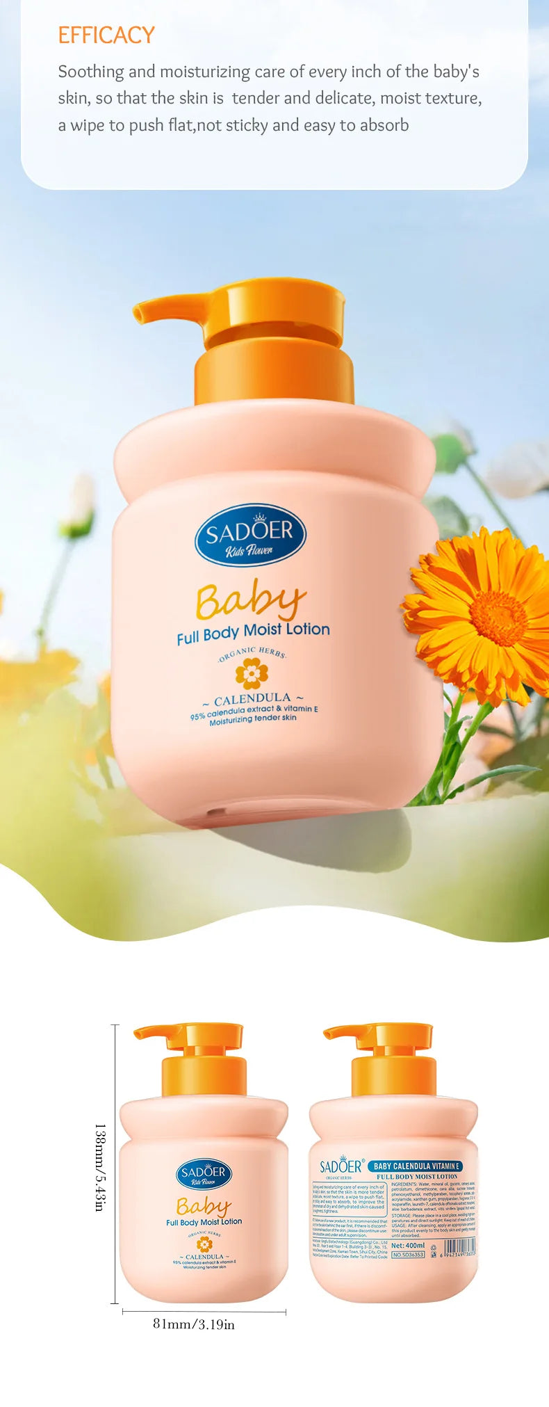 Sadoer Calendula Vitamin E Body Lotion Moisturizing Kids Cream 400ml - 16