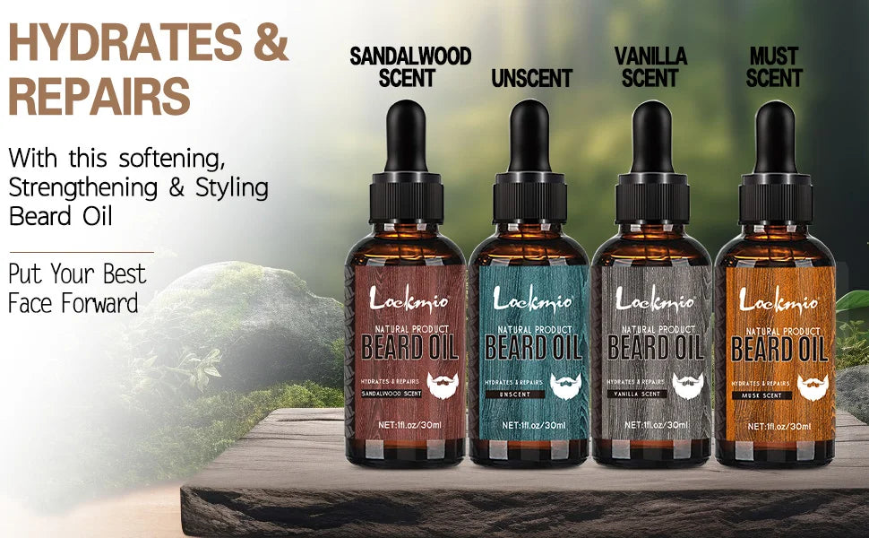Lockmio 4pcs Scented Beard Oil Set Growth Moisturizing Moustache Care